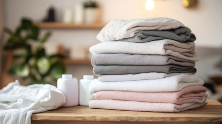 A neat stack of folded clothes on a wooden table, including fresh towels and clean laundry items, showing a well-organized laundry routine. --chaosの素材