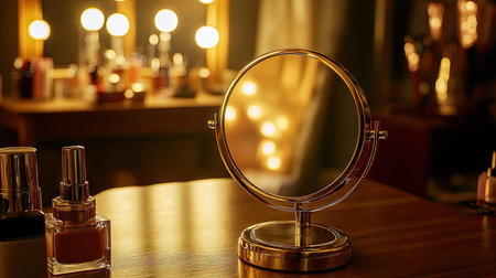 Close-up of a desktop mirror with a stylish gold frame, reflecting soft lighting, surrounded by a few cosmetics on a wooden makeup table. --chaosの素材