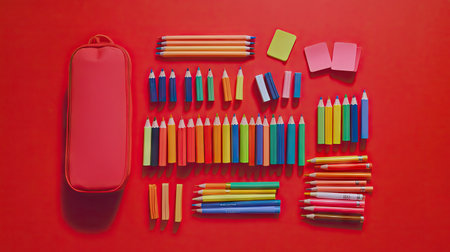 Colorful markers, sticky notes, and a pencil case against a red background, with each item arranged to form a visually appealing composition. --chaosの素材