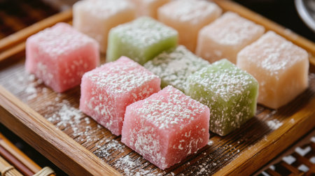 Close-up of pastel-colored mochi pieces on a traditional Japanese wooden tray, with a delicate dusting of flour on top, showcasing their chewy texture. --chaosの素材