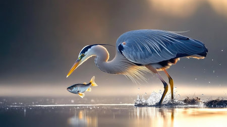 A heron catching a fish at the water's edge, its long neck extended as it pulls the fish from the shallow waters below. --chaosの素材