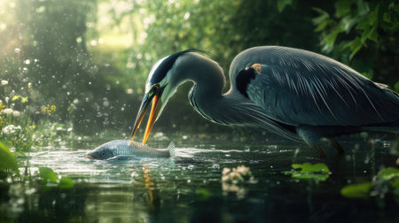 A heron catching a fish in shallow water, its long beak piercing the water's surface while the fish struggles to escape. --chaosの素材
