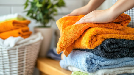 Close-up of a person folding a warm, soft towel, with stacks of freshly laundered clothes and a laundry basket nearby on a wooden surface. --chaosの素材