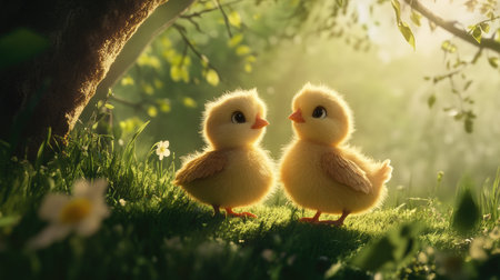 Fluffy yellow chicks basking in the sunlight, standing on lush green grass. Warm tones and bright atmosphere create a cheerful scene. --chaosの素材