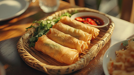 Crispy spring rolls served with soy sauce on a woven bamboo tray, accompanied by fresh herbs and sliced red chili for a traditional touch. --chaosの素材