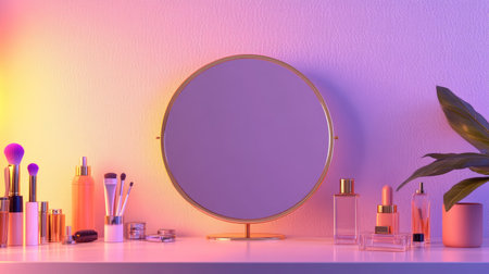 Elegant desktop makeup mirror with a gold frame, positioned on a makeup table surrounded by brushes, perfumes, and cosmetics in soft lighting. --chaosの素材