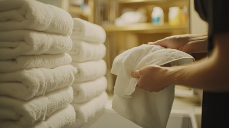 A person folding a freshly washed towel, with stacks of clean and neatly folded laundry nearby, showing an organized laundry space. --chaosの素材