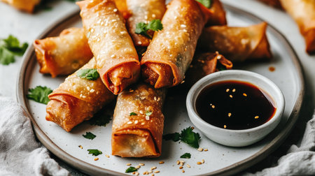Crispy spring rolls placed on a serving plate with a small dish of soy sauce on the side, garnished with fresh herbs and a sprinkle of sesame seeds. --chaosの素材