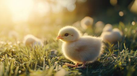 Cute baby chicks exploring a sunny field of grass, their soft feathers highlighted by the warm sunlight. A perfect spring day scene. --chaosの素材