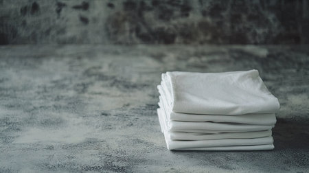 Folded stack of blank white t-shirts on a textured background. The shirts have a clean, plain design, ideal for branding or logo placement. --chaosの素材