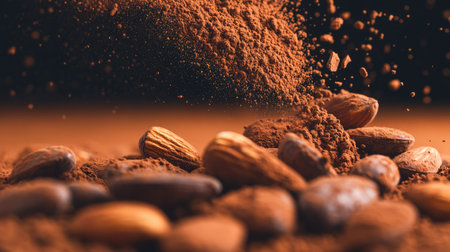 Close-up view of cocoa-dusted chocolate almonds, with the fine cocoa powder giving each piece a textured look against a simple, dark background. --chaosの素材