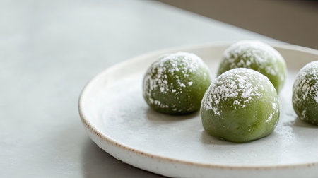 Matcha-flavored mochi with a dusting of powdered sugar, placed on a white ceramic plate, showcasing the traditional Japanese sweet in soft lighting. --chaosの素材