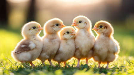 Group of fluffy chicks standing together on a sunny day, surrounded by fresh grass. Warm sunlight illuminates their soft feathers. --chaosの素材
