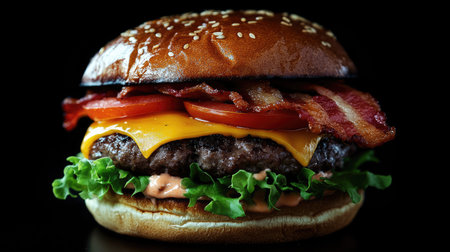 Triple beef burger layered with bacon, cheese, lettuce, and tomato, served on a brioche bun. The black background adds a stylish touch. --chaosの素材