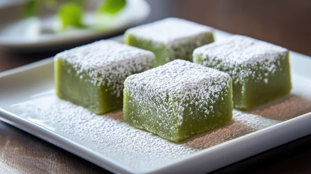 Matcha-flavored mochi with a dusting of powdered sugar, placed on a white ceramic plate, showcasing the traditional Japanese sweet in soft lighting. --chaosの素材
