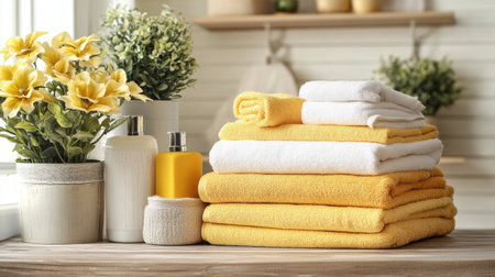 Neatly folded clothes stacked in a pile on a wooden surface, with fresh towels and soft fabrics showing a clean and tidy laundry experience. --chaosの素材