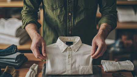 Hands carefully folding a fresh cotton shirt on a table, with a stack of folded clothes and clean laundry items neatly arranged in the background. --chaosの素材