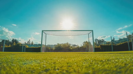 Panoramic view of a soccer gate on a green field, with bright blue sky in the background, creating a serene, peaceful sports atmosphere. --chaosの素材