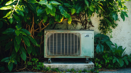 Outdoor air conditioning unit with metal casing and ventilation grilles, placed on a concrete base near green plants. The setting is residential. --chaosの素材