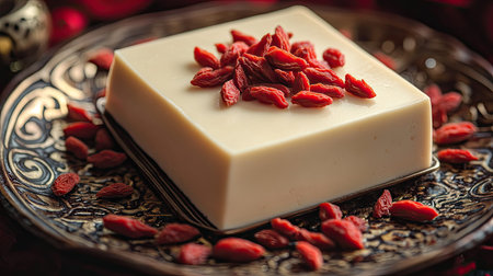 Traditional almond tofu dessert served in a ceramic bowl with a garnish of goji berries. The white tofu contrasts beautifully with the vibrant red. --chaosの素材