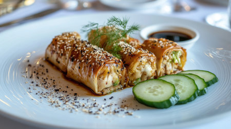Traditional spring rolls served on a white plate with a side of soy sauce, accompanied by sliced cucumbers and a sprinkle of sesame seeds. --chaosの素材