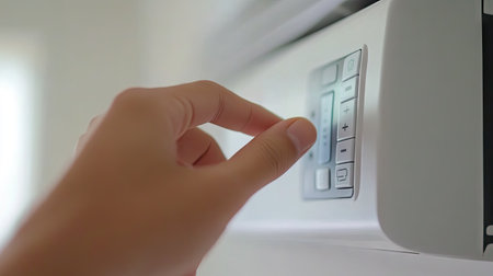 A close-up of a finger pressing the temperature up button on an air conditioner remote, with the AC unit mounted on the wall in the background. --chaosの素材