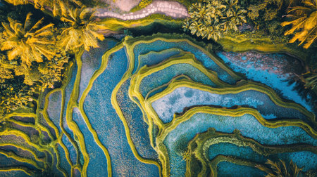Aerial view of a drone capturing the landscape of terraced rice paddies, with vibrant green plants cascading down the hillside. --chaosの素材