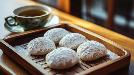 Traditional mochi desserts on a wooden tray, with powdered flour dusting and green tea served on the side, creating a classic Japanese ambiance. --chaosの素材