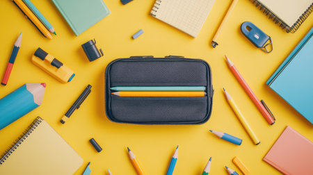 Top-down view of a pencil case surrounded by school supplies, including pens, notebooks, and a sharpener, on a bright yellow background. --chaosの素材