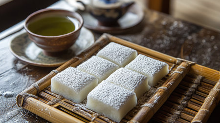 Traditional Japanese mochi arranged on a bamboo tray, dusted with flour and served with a side of green tea for a classic dessert presentation. --chaosの素材