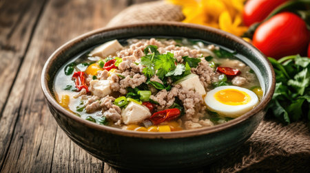 A comforting clear soup with egg tofu, minced pork, and vegetables, served in a deep bowl on a rustic wooden surface. --chaosの素材