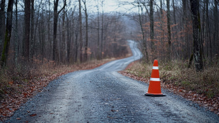 A close-up of a traffic cone with reflective tape, standing on a gravel road, symbolizing caution in a rural area. --chaosの素材
