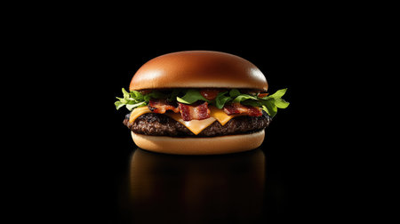 Triple beef burger with bacon, melted cheddar, and fresh lettuce, resting on a dark surface. The black background highlights the burger's details. --chaosの素材