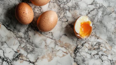 A close-up of peeled hard-boiled eggs on a marble surface, with one egg sliced to show the creamy, cooked yolk. --chaosの素材
