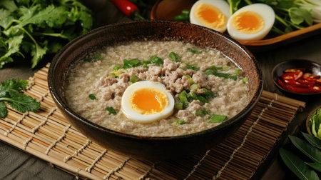 A bowl of clear soup with egg tofu and minced pork, placed on a bamboo mat with herbs and fresh ingredients nearby. --chaosの素材