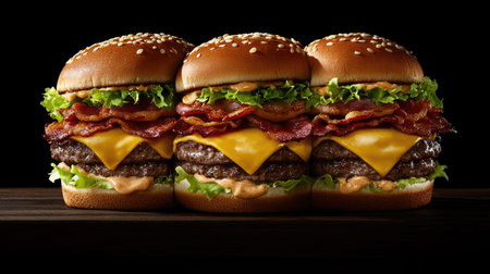Triple beef burger with bacon, melted cheddar, and lettuce on a sesame bun, presented on a dark wooden board against a black background. --chaosの素材