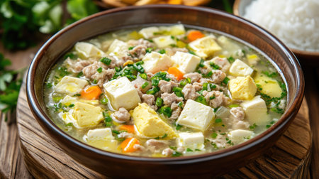 A bowl of clear soup with egg tofu, minced pork, and fresh vegetables, served with a side of steamed rice. --chaosの素材