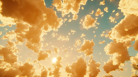 Wide-angle view showing fluffy fair-weather clouds scattered across a blue sky, creating an open, airy feeling under the warm sunlight. --chaosの素材