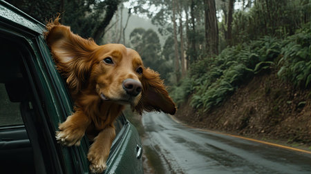 A dog hanging out of a car window during a road trip, with its ears flapping in the wind and a forested background passing by. --chaosの素材