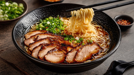 A bowl of noodles with chopsticks lifting them into the air, with broth and ingredients like sliced pork and green onions in the bowl. --chaosの素材