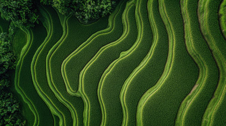 Aerial view of a drone flying above a rice field, with rows of young rice plants stretching out in neat patterns across the landscape. --chaosの素材