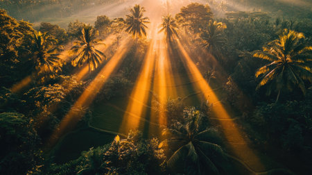 Aerial shot of a drone capturing the beauty of rice fields at sunrise, with golden light illuminating the lush landscape. --chaosの素材