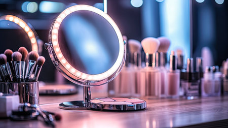 A lighted desktop mirror with a built-in LED ring, placed on a wooden desk, surrounded by various makeup brushes and beauty products. --chaosの素材