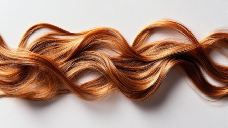 Curly strand of light brown hair, isolated on a white background. The curls are well-defined and bouncy, with a healthy-looking shine. --chaosの素材