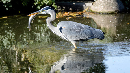 A heron wading in shallow waters with a fish in its beak, its reflection visible in the still water. --chaosの素材