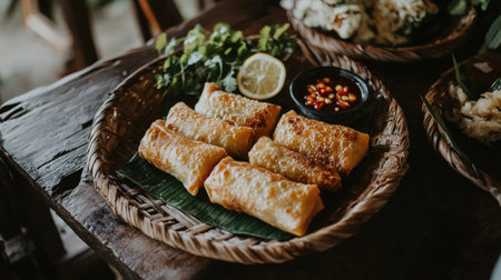 Crispy spring rolls served with soy sauce on a woven bamboo tray, accompanied by fresh herbs and sliced red chili for a traditional touch. --chaosの素材