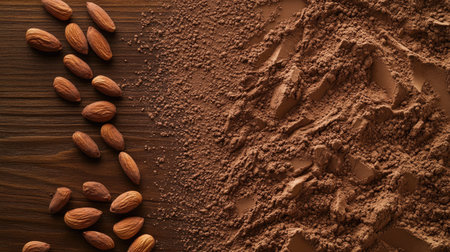 Cocoa-coated chocolate almonds scattered on a wooden surface, creating a rich and inviting scene that highlights the texture of the powdery cocoa. --chaosの素材