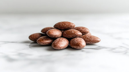 A handful of cocoa-coated chocolate almonds arranged on a marble surface, with a close-up focus that emphasizes the powdery cocoa dusting. --chaosの素材