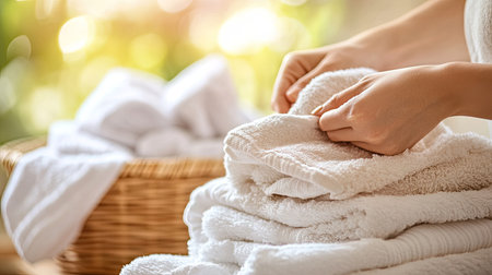 Close-up of a person folding a warm, soft towel, with stacks of freshly laundered clothes and a laundry basket nearby on a wooden surface. --chaosの素材