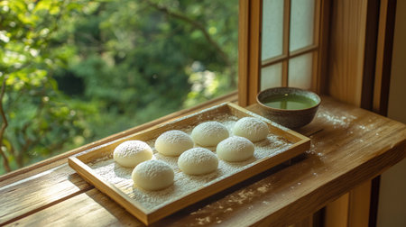 Traditional Japanese mochi arranged on a bamboo tray, dusted with flour and served with a side of green tea for a classic dessert presentation. --chaosの素材